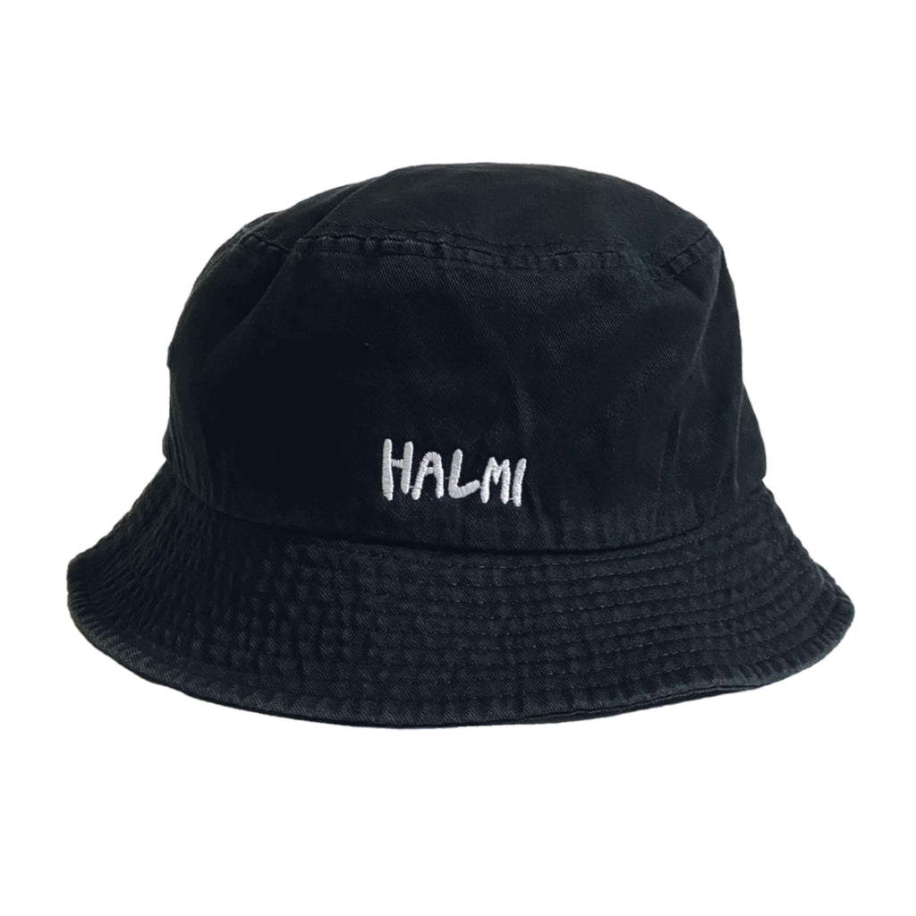 The back of a black bucket hat with embroidered Halmi logo