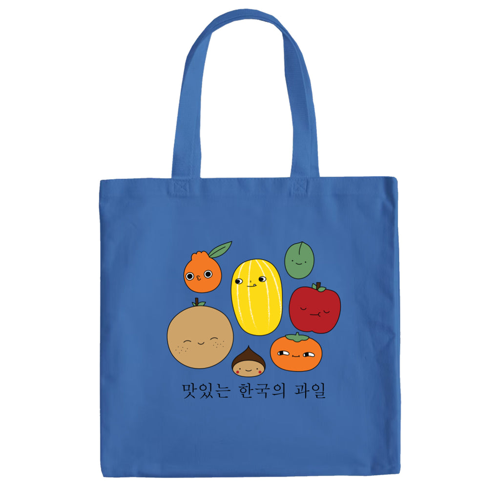 Blue tote bag with an illustration of Korean produce