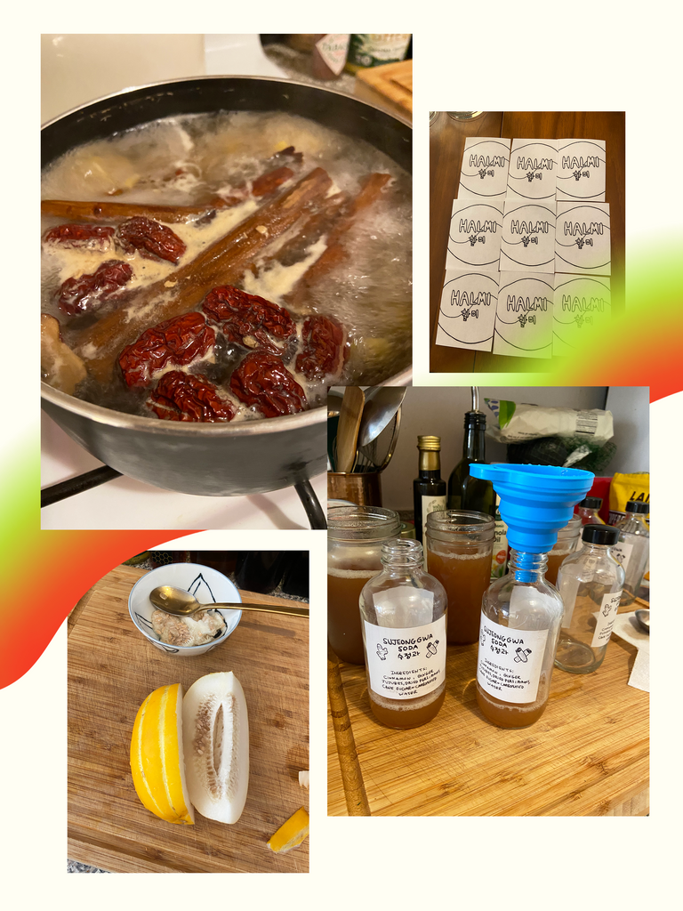 A collage of photos from Halmi's founder's home kitchen. A pot of cinnamon, ginger and jujubes is brewing, a Korean melon is on a cutting board, as well as Halmi labels and small glass bottles. 