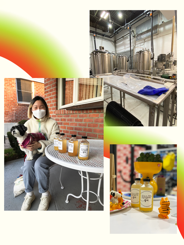 A collage of photos, including beverage manufacturing machines, Halmi's founder with her dog next to small, glass bottles, and Halmi beverages in a shop.