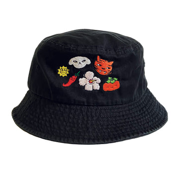 The front of a black bucket hat with embroidered Korean characters
